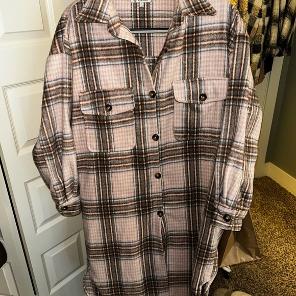 Veveret Plaid long trench flannel - Beige and Brown - Picture 5 of 7